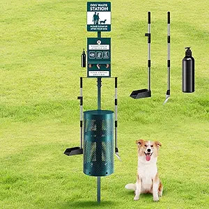 Qinyoung Dog Waste Station Outdoor Dog Poop Trash Can with Poop Bag Dispenser Shovel Dustpan Hand Sanitizer Bottle Rust Proof Bin Pet Waste Disposal System for Business Parks Backyards Trails
