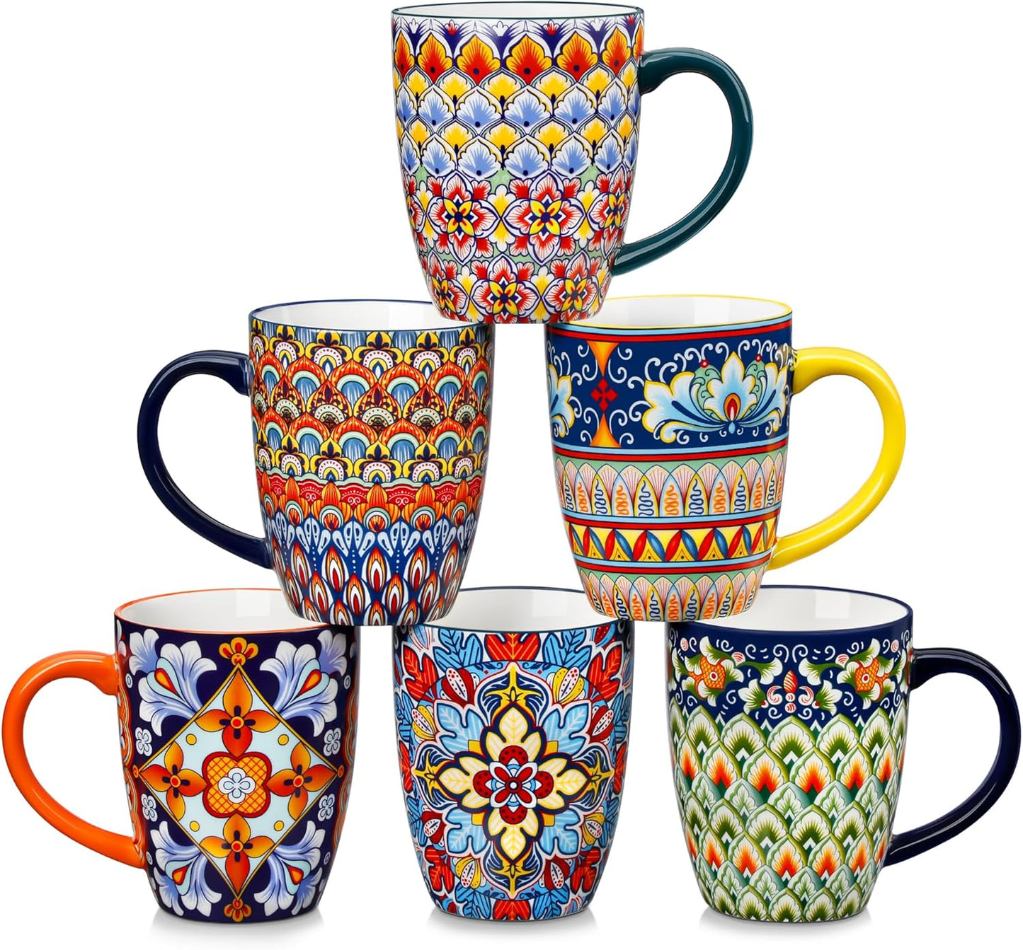 vancasso 16 oz Coffee Mugs Set of 6, Large Ceramic Mug with Handle, Boho Coffee Cups for Latte, Cappuccino & Hot Chocolate, Dishwasher & Microwave Safe Gift Set, Series SIMI