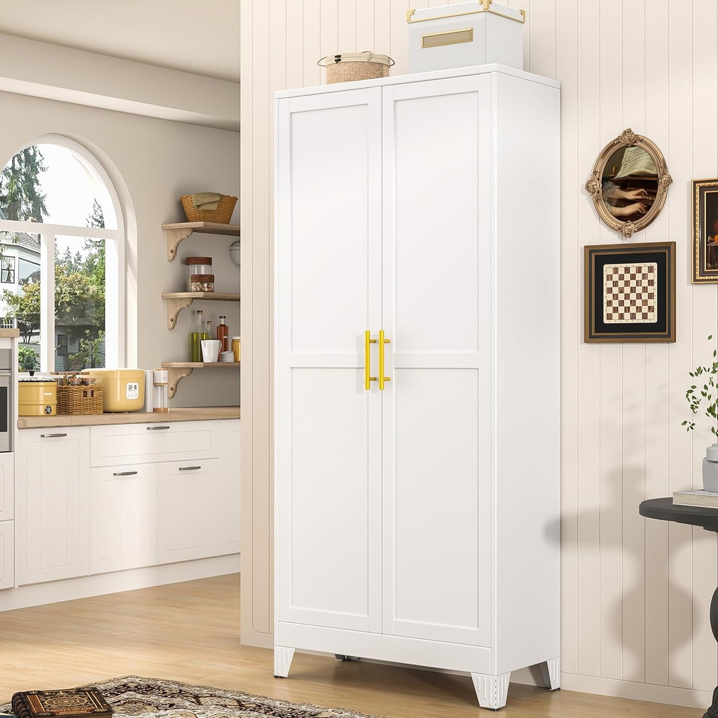 PAOFIN 71" Tall Metal Pantry Storage Cabinet with Doors and 4 Adjustable Shelves, White Kitchen Food Pantry Cabinets, Tall Freestanding Cupboard for Kitchen, Dining Room or Living Room