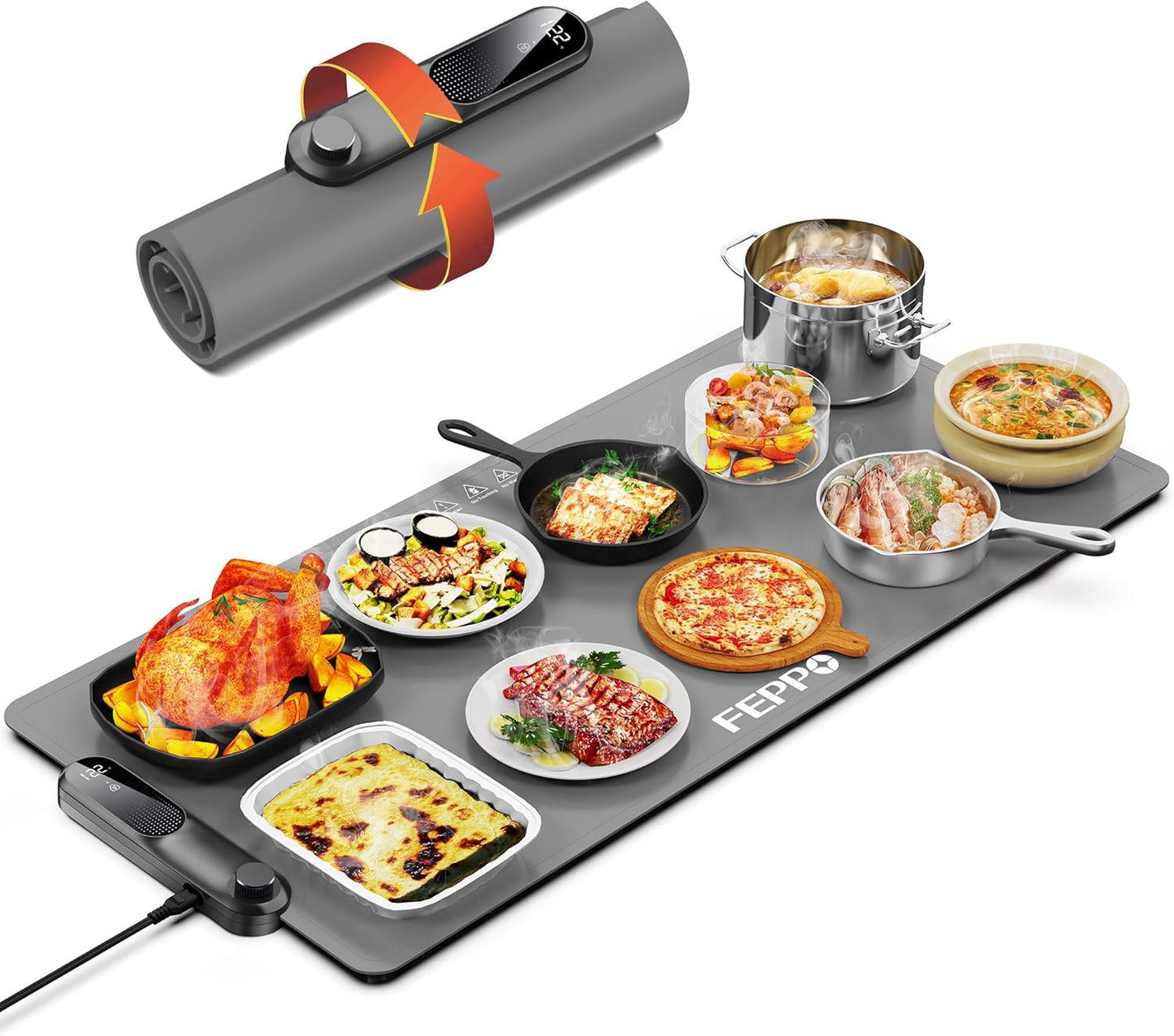 FEPPO Food Warming Mat, (XXL 35\u201Dx16\u201D) Electric Warming Trays for Buffets Party, Fast Full-Surface Heating Mat for Food with 19 Level Adjustable Temperature and 6 Hours Timer, Roll Up Food Warmer