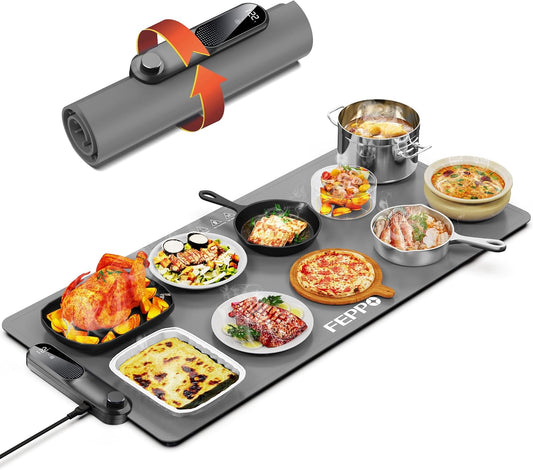 FEPPO Food Warming Mat, (XXL 35\u201Dx16\u201D) Electric Warming Trays for Buffets Party, Fast Full-Surface Heating Mat for Food with 19 Level Adjustable Temperature and 6 Hours Timer, Roll Up Food Warmer