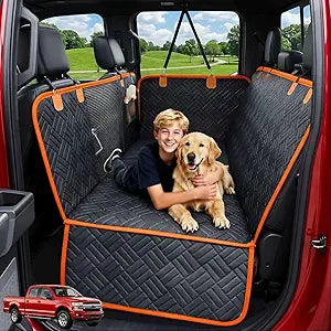 Hard Bottom Dog Car Seat Cover for Trucks SUV (330lbs Capacity), Back Seat Extender Universal Fits F150 Silverado RAM, Solid Base Pet Hammock Safety Belt Included (Orange, XXL- Full-Size Trucks, SUVs)