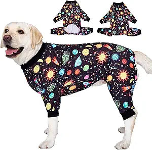 LovinPet Big Dogs Onesies: Big Dog Pajamas, Post Surgery/Wound Care, Lightweight Stretchy Fabric, Interstellar Black Print, Dog Jumpsuit, Anti Licking, Pet PJ's/XL