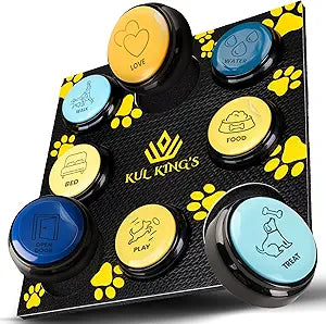 KUL KING'S Waterproof & Non-Slip Dog Command Buttons with Mat - 8 Recordable, Programmable Talking Buttons with Batteries, Stickers, Training Guide - Sound Buttons for Pet Communication