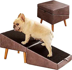 Dog Stairs for Small Dogs and Cats, Dog Ramp for Couch and Bed, Foldable 2-in-1 Wooden Pet Steps for Puppy, Split Ottoman Designï¼ˆBrownï¼‰