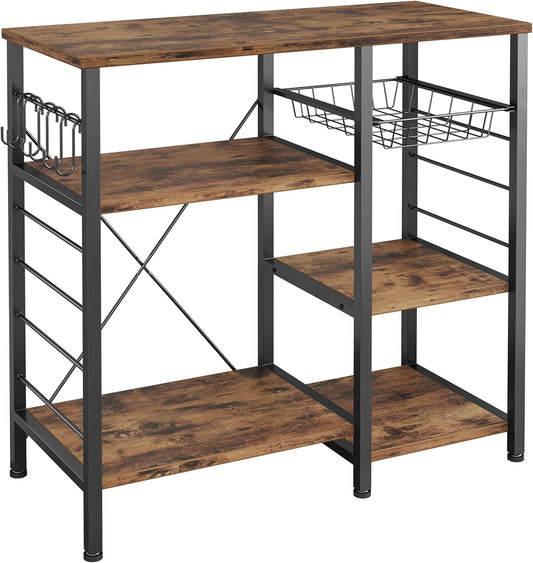 IRONCK Industrial Kitchen Baker’s Rack, Kitchen Island Utility Storage Shelf, Coffee Bar Microwave Stand with 6 Hooks, Metal Frame, Simple Assembly, Vintage Brown