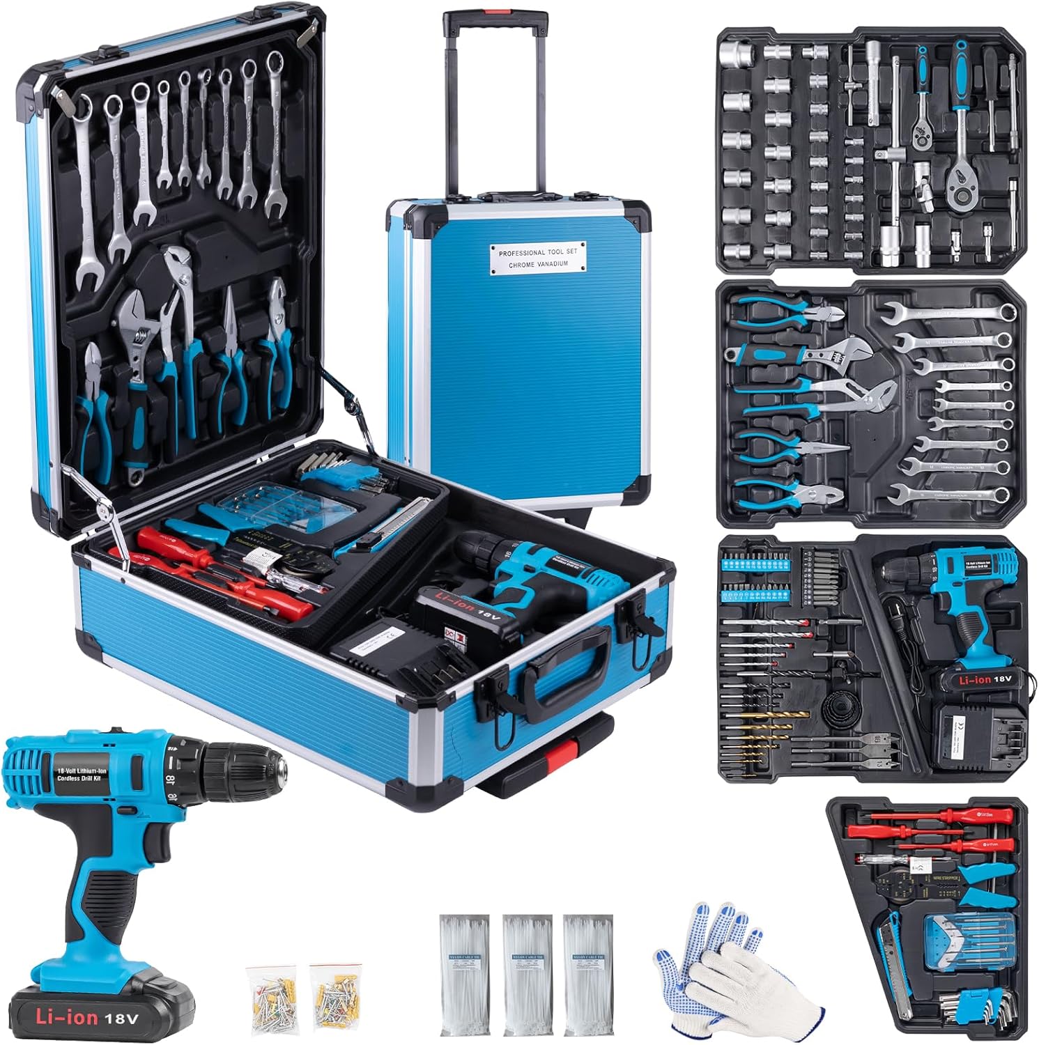 346 Pcs Tool Sets,18V Electric Power Drill Set, Cordless Drill for Men, Household Home DIY Hand Tool Kits,18+1 Clutch Cordless Power Drill Set for Thanksgiving, Christmas,Father's Day (Blue)