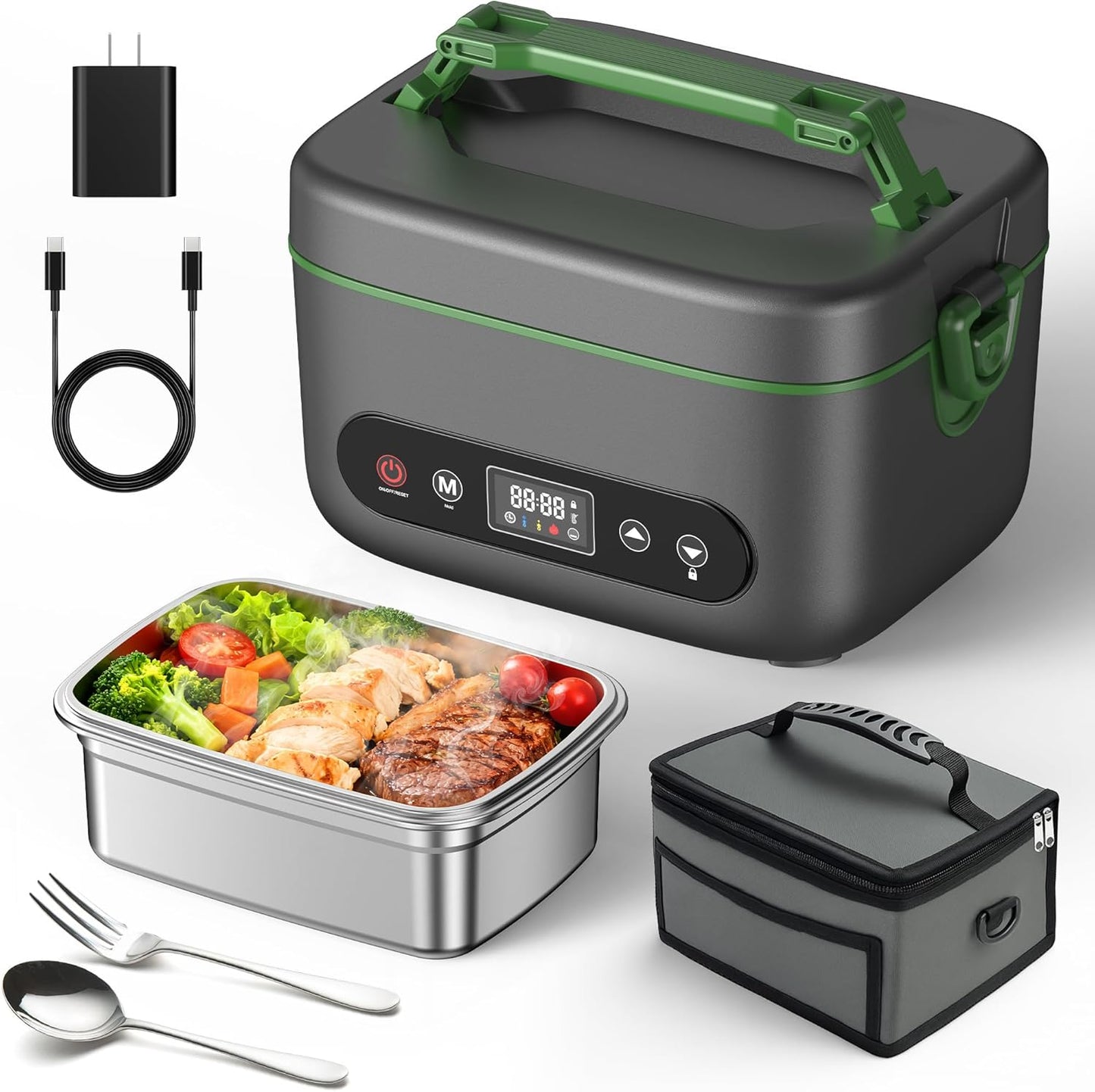 KPPTYUNM Cordless Electric Lunch Box for Adults：20000mAh Rechargeable Heated Lunch Box with Self Heating & 1.2L Portable Food Warmer for Work Travel Car(Gray-Green)