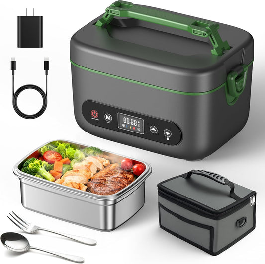 KPPTYUNM Cordless Electric Lunch Box for Adults：20000mAh Rechargeable Heated Lunch Box with Self Heating & 1.2L Portable Food Warmer for Work Travel Car(Gray-Green)