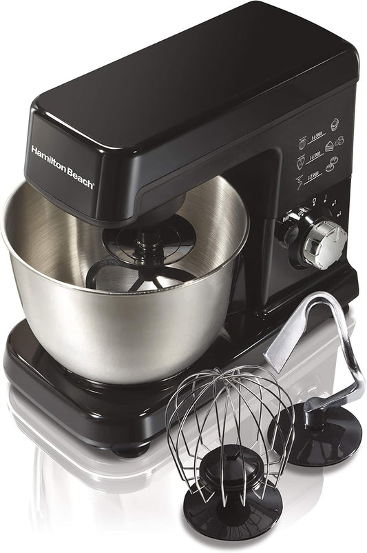 Hamilton Beach 6 Speed Electric Stand Mixer with Stainless Steel 3.5 Quart Bowl, Planetary Mixing, Tilt-Up Head, 300W Motor, Black (63325)