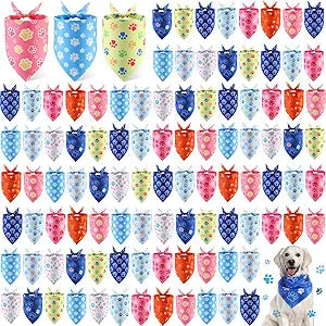 100 Pieces Paw Print Dog Bandanas Bulk Paw Bandanas for Dogs Winter Soft Bibs Adjustable Triangle Doggie Scarves for Small Medium Large Pets Party Costume