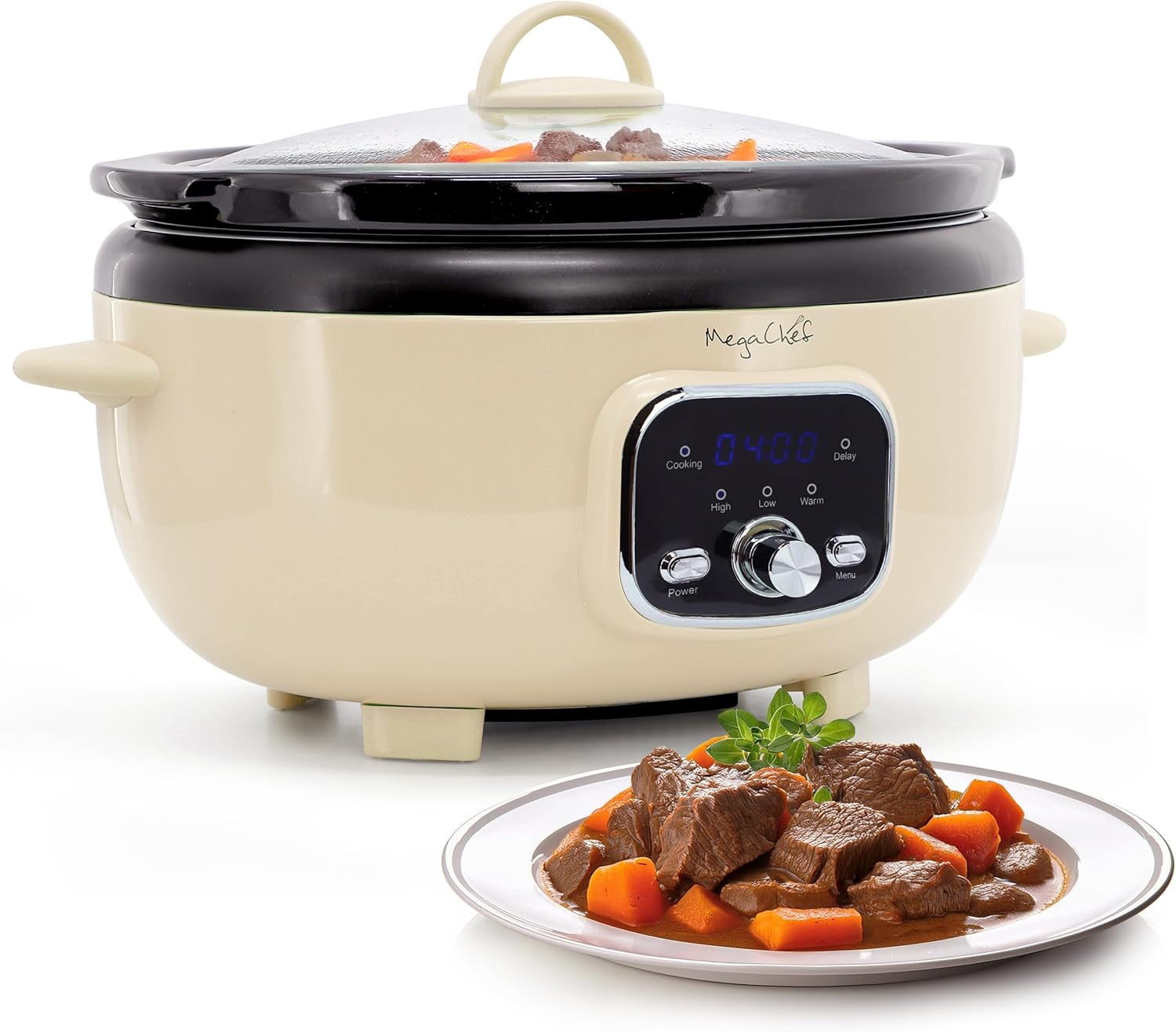 MegaChef 6.9 Quart Oval Electric Slow Cooker, Removable Ceramic Pot, 3 Heat Settings, Kitchen Appliance, Countertop Cooker (Cream)