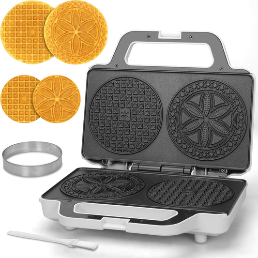 SugarWhisk Pizzelle Maker Electric, Non-stick Stroopwafel Iron, 2 X 5" Cookie Machine for Christmas, 4" Mold Included, White