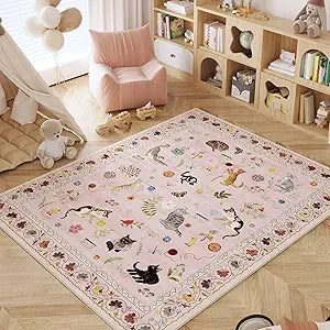 Rugcomf Bedroom Rug 3x5 Rug Washable Area Rug Non Slip Low Pile Boho Floral Animal Cat Small Carpet for Bedroom Bedside Kitchen Entryway Kids Room Office College Dorm Essentials for Girls, Pink
