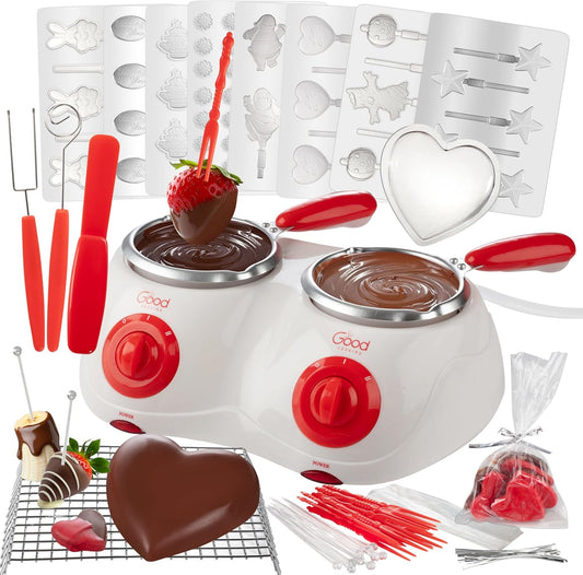 Dual Electric Chocolate Melting Pot Set - Valentines Day Candy Bar Making or Fondue Fountain Kit w\/ 30 Bonus Accessories - Dip, Drizzle & Decorate Strawberries, Marshmallows- Party Appetizers Desserts