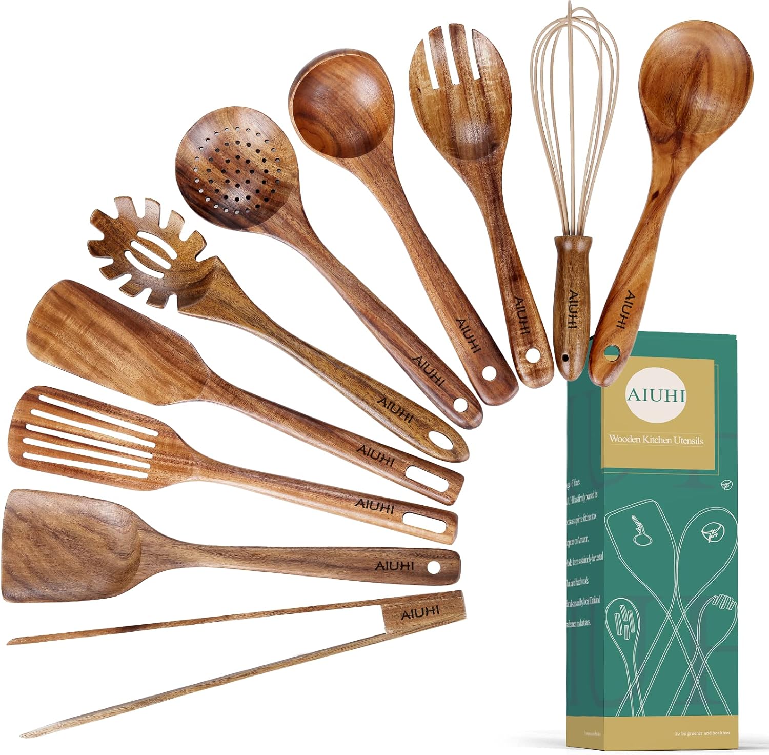 10 Pack Wooden Utensils for Cooking, Wood Utensil Set for Kitchen, Teak Wooden Spoon for Cooking, Non-Stick Spatula Ladle