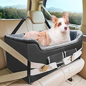 INFANZIA Dog Car Booster Seat, Elevated Pet Car Seats for Large Medium Dogs with Safety Leash, Washable Lookout Puppy Travel Seat with Storage Pockets for Pets Under 55 lbs (Large, Black)