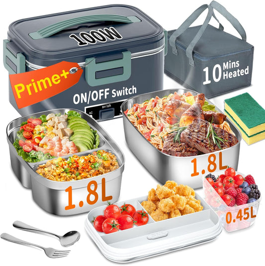 Electric Heated Lunch Box for Adults with 2 Pack 1.8L Containers, ON\/OFF Power Switch & 0.6L Double Layer, Portable 100W 3-IN-1 Fast Heating Food Warmer for Men, ,12V\/24V\/110V for Car Truck Office