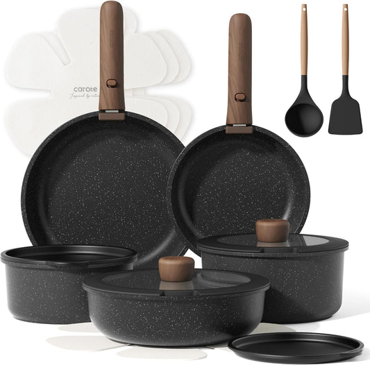 CAROTE 17pcs Pots and Pans Non Stick, Cookware Sets Detachable Handle, Induction Kitchen Pots and Pans,NonStick Cooking Set, Oven\/Dishwasher\/Fridge Safe, Space Saving