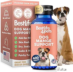 Dog Mange Support and Natural Dog Itching Relief for Canine Coat Issues & Puppy Mange, Soothes Dry Itchy Scaly Skin, Welts & Scabs - Helps Restore Fur Loss (Easy Use 400 Tiny Pills)