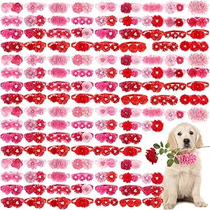 Abbylike 150 Pcs Valentine's Day Dog Collar with Rhinestones Flowers Bow Dog Grooming Collar Bulk Adjustable Pet Bow Tie with Pearl Puppy Bowties Accessories for Valentine's Party Puppy Embellishments
