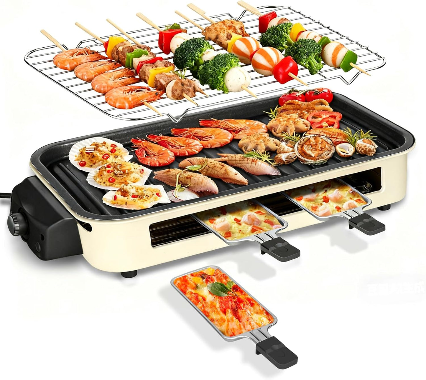 Electric Indoor Grill 1500W, YOHAWJAN 2 in 1 Smokeless Indoor Grills with Non-stick Removable Grill & Griddle Plate, Temperature Control, Portable Korean BBQ Grill with 3 Raclette Cheese Pans