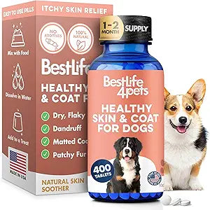 Natural Skin & Coat Supplement for Dogs, Large and Small, Dog Anti Itch Relief for Dry Skin, Rash, Allergy or Irritation, Reduces Shedding, Dandruff and Supports Dog Hair Growth, 400 Small Pills