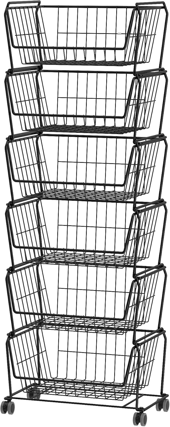 PUSDON Stackable Metal Storage Carts, Dual Use Shelf for Kitchen Fruit Vegetable Baskets with Wheels, Storage Rack for Living Room, Home & Office, Standard Black 6 Tiers