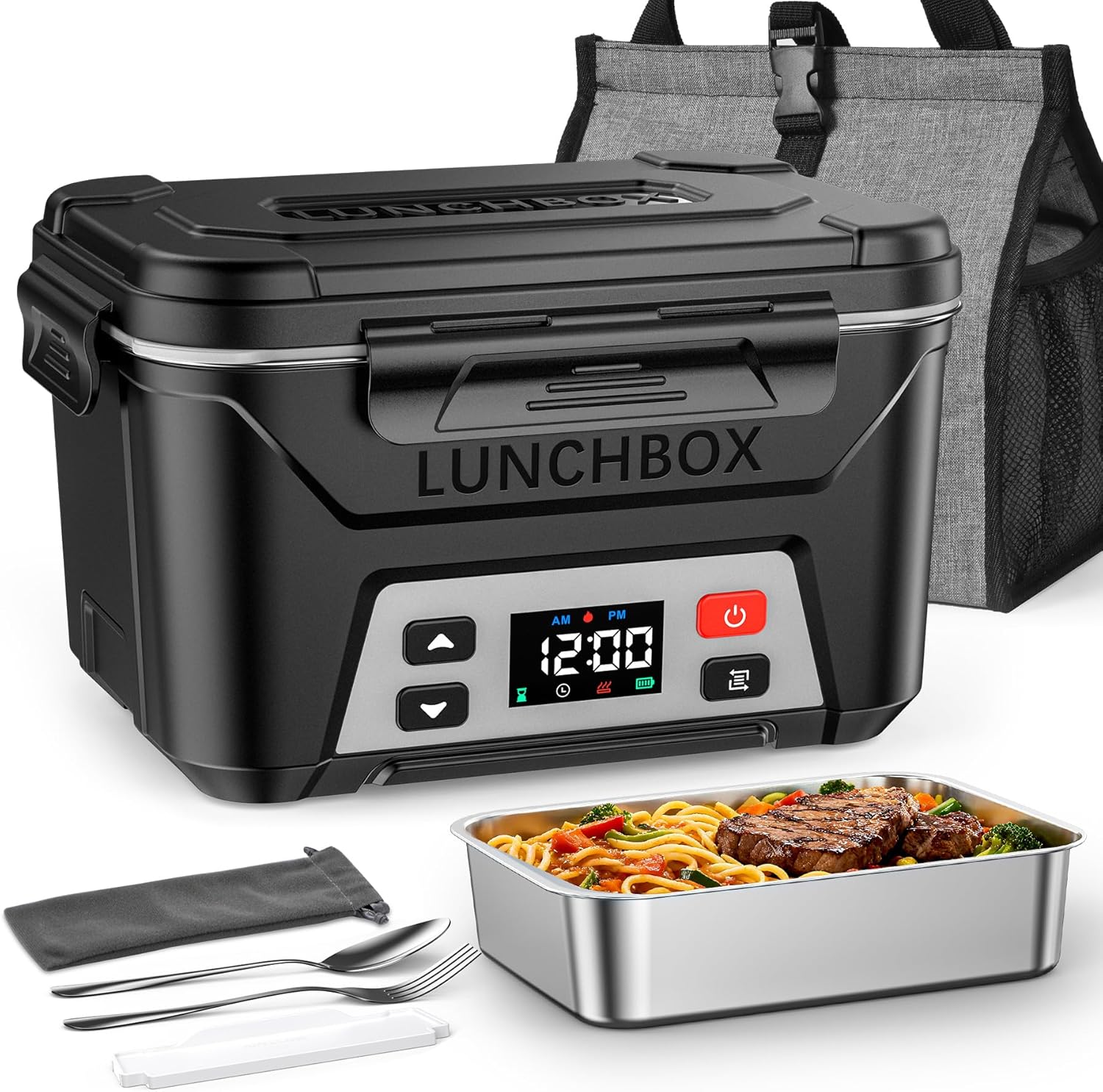 EAST OAK Rechargeable Self-Heating Lunch Box, 5.5 Cups Cordless Electric Lunch Box with Automatic Heating, Includes Fork, Spoon & Insulated Bag(Matte Black)