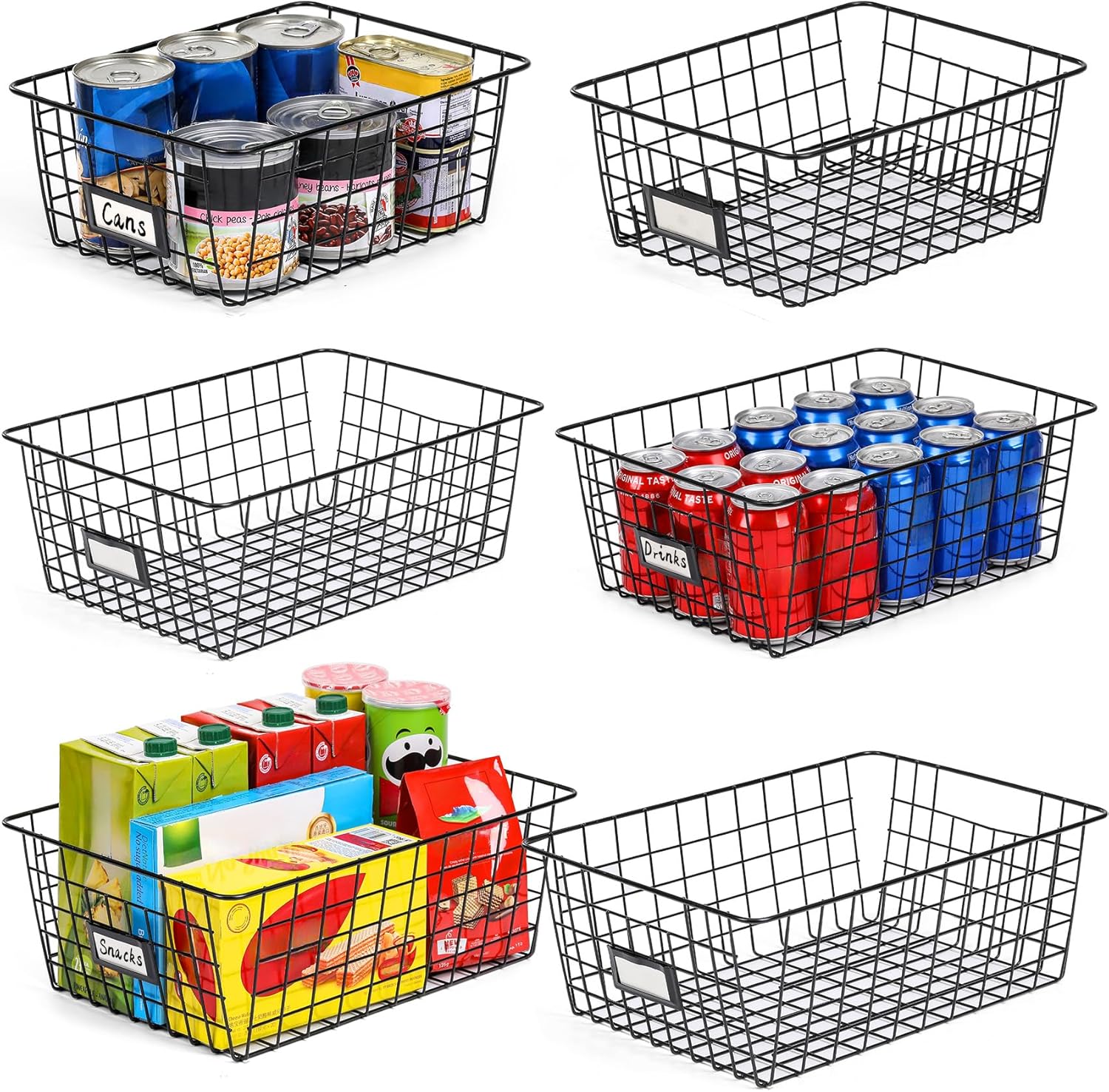 6 Pack Wire Baskets for Pantry Organization and Storage, Kitchen Organizer, 2 XXLarge & 2 XLarge & 2 Large