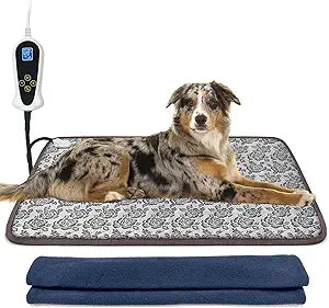 Large Dog Heating Pad for Dogs, Pet Heating Pad Electric, Waterproof, Heated Dog Bed with Timer, with Smart Thermostat Switch, Add Wire Rope with Blue Fabric Cover (Rose, 34x21 in)