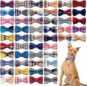 PET SHOW 50Pcs Plaided Large Dog Bow Ties Dog Bowties Doggies Bulk for Medium Big Pet Collar Attachment for Girl Boy Cat Kitten Summer Valentines Holiday Christmas Birthday Wedding Costumes