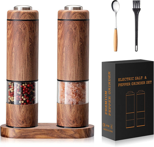 Electric Salt and Pepper Grinder Set, Automatic Salt and Pepper Grinder Set with Wood Base, Adjustable Coarseness, LED Light, One Handed Operation Electric Salt and Pepper Shakers(Wood Grain)