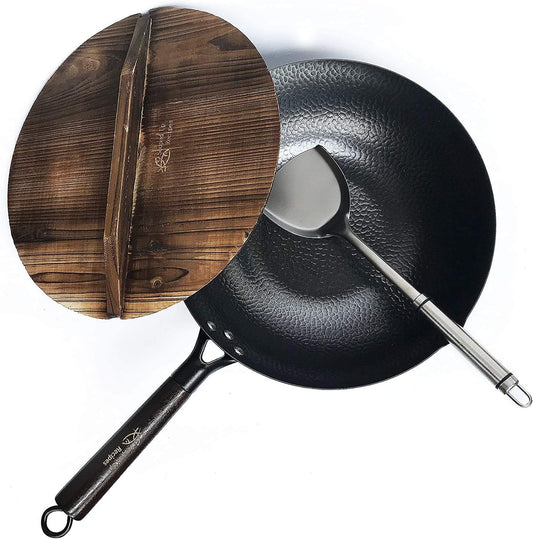 Souped Up Recipes 12.5 Inch Carbon Steel Wok For Electric, Induction and Gas Stoves (Lid, Spatula and User Guide Video Included)