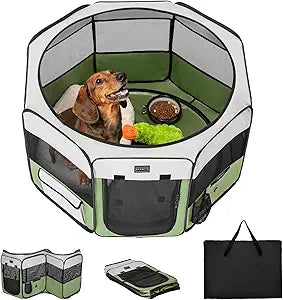 PETSFIT Portable Dog Playpen,36" Dog Play Pen Indoors with Removable Waterproof Mat & Zippered Roof | RV, Camping, Travel Dog Pen | Whelping & Cat Observation Space(36" L x 36" W x 21" H)