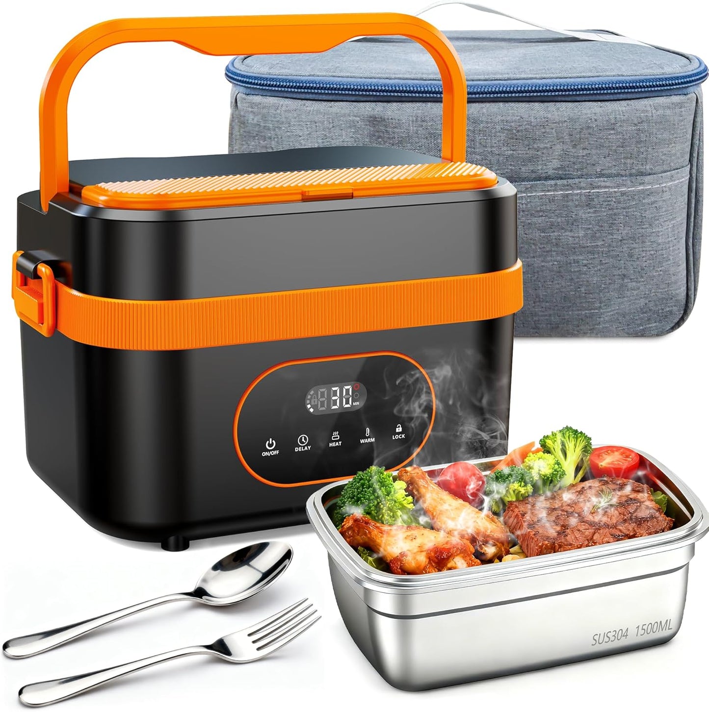 Cordless Electric Lunch Box, 1.5L Large Capacity & Graphene Rapid Heating, Portable Heated Lunch Box with Smart Timer, Rechargeable for Work, Travel, Car, Home & Outdoors
