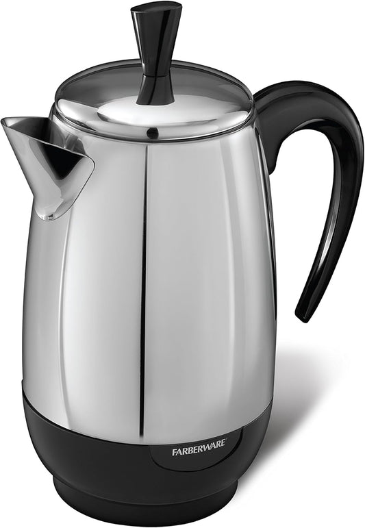 Farberware Electric Coffee Percolator, Stainless Steel Basket, Automatic Keep Warm, No-Drip Spout, 8 Cup