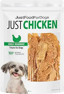 JustFoodForDogs Single Ingredient Healthy Dog Treats and Dog Snacks, Jerky Treats, Human Grade, Preservative and Grain Free, Rawhide Free Chews, Low Calorie Treat - Chicken Breast, 18 oz