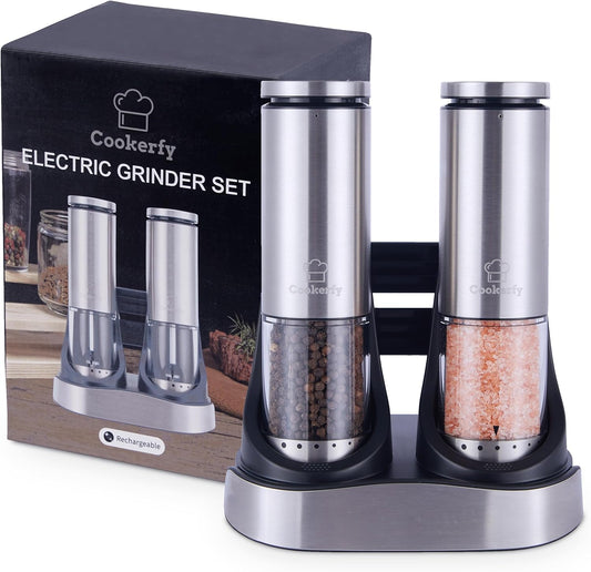 Electric Salt and Pepper Grinder Set Rechargeable Base, Stainless Steel Automatic Electric Salt and Pepper Shakers Set, Led Light, 95ml Capacity Refillable, 6 Coarseness Levels. Kitchen Accessories