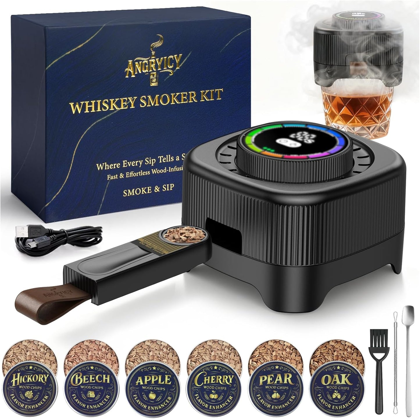 Electric Whiskey Smoker Kit with 0-60s Adjustable Timer, No Butane Needed, Cocktail Bourbon Drink Smoker Infuser Kit Smoke Whisky Set - 6 Wood Chips Flavors, Birthday Gifts for Men,Dad,Husband, Square