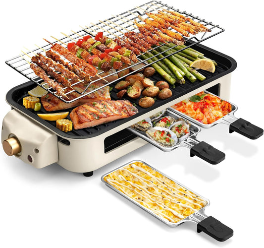 Pukomc Electric Indoor Grill,2 in 1 Indoor Grills for Kitchen with Grill Net & Non-Stick Cooking Removable Plate, Temperature Control, Dishwasher Safe, 1700W Smokeless barbecue