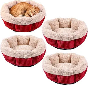 4 Pack Cat Bed Bulk 20in Self Warming Pet Beds for Small Cats Dogs Washable Red Round Donut Calming Bed with Anti-Slip Bottom Pet Gift Winter for Small Medium Cats and Dogs Puppy Kitten