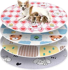 4 Pack 48" Round Washable Whelping Pads for Dogs,Waterproof Pet Pee Pads, Reusable Round Whelping Pad Absorbent Puppy Pads Training Dog Pad Whelping Box Supplies for Dogs (48", Round)