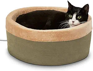 K&H Pet Products Heated Cat Bed for Indoor Cats, Dogs, and Pets - Round Walled Thermo-Kitty Bed with Removable Waterproof Cat Heating Pad, Machine Washable, MET Safety Listed - Small 16" Sage