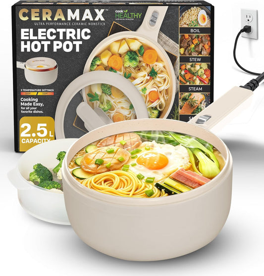 Ceramax PRO 2.5L Electric Hot Pot with Lid & Steamer, Non Toxic Ceramic Cooker Skillet for Ramen, Eggs, Pasta for Dorms, Camping, RVs, Work, Adjustable Temp. - New Improved 2025 Model