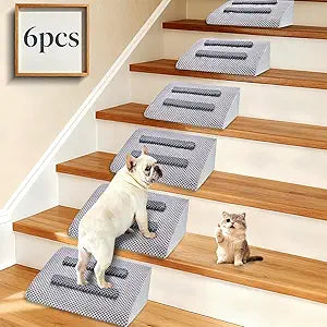 Dog Ramp for Stairs with Anti-Slip Bump for Small & Senior Dogs and Cats â€“ Stair Wedges for Dogs with Gentle Slope, Pet Ramp with Washable Cover & Self-Sticky Pads for Safe Climbing (Gray, 6 Pack)