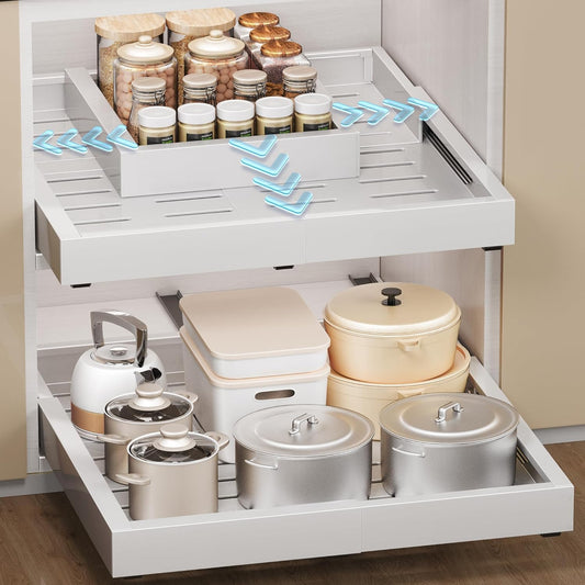 Makfoner 2Pack Pull Out Cabinet Organizer, Slide Out Drawer Expandable Width (12"-19") and Depth (17"-23") With 3 Slides, Fixed with Adhesive Film or Nail for Cabinets in Kitchen, Pantry or Bathroom