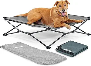 Coolaroo On-The-Go Elevated Dog Bed Kit â€“ Portable & Cooling Travel Cot with HeatShield Fabric for Large Dogs, Lightweight & Compact, Includes Matching Carry Bag & Pacific Blue Bonus Cover, Large