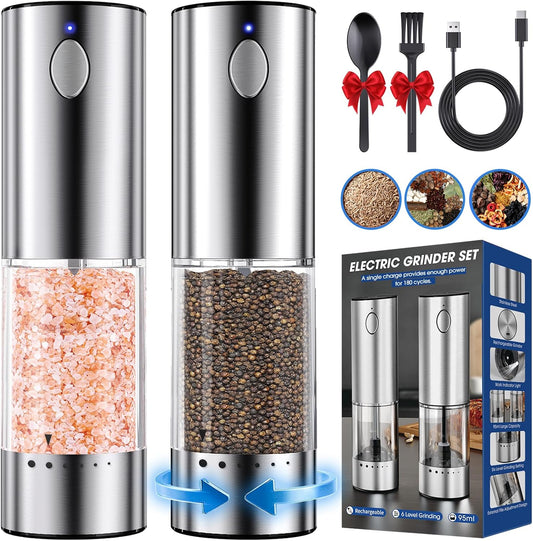 HomeHacks Upgraded Larger Capacity Electric Salt and Pepper Grinder Set, Rechargeable Type-C with LED Light, Stainless Steel Automatic & 6 Adjustable Coarseness, Ideal for Housewarming/Christmas Gifts
