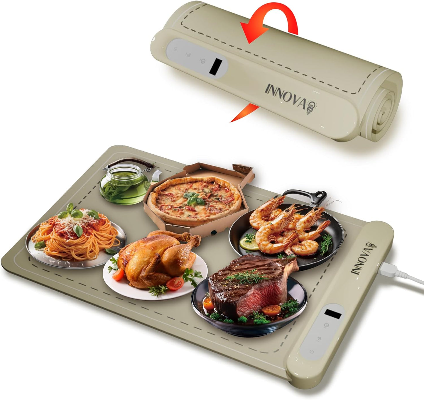 [Latest] Graphene Electric Food Warming Mat \u2013 6 Temperature Settings, High Heat, Portable Silicone Heating Mat. Tabletop Food Warmer for Thanksgiving, Potlucks & Buffets. (Ivory Beige, Large)